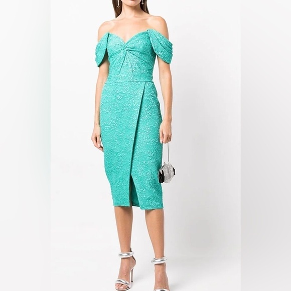 NEW! Tadashi Shoji Audrie Off Shoulder Jacquard Dress 👗 Jasmine Green sz 14 NWT - Picture 7 of 15